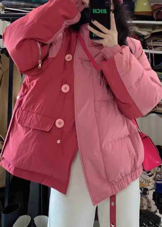 Pink Stand Collar Pockets Fine Cotton Filled Jacket Winter