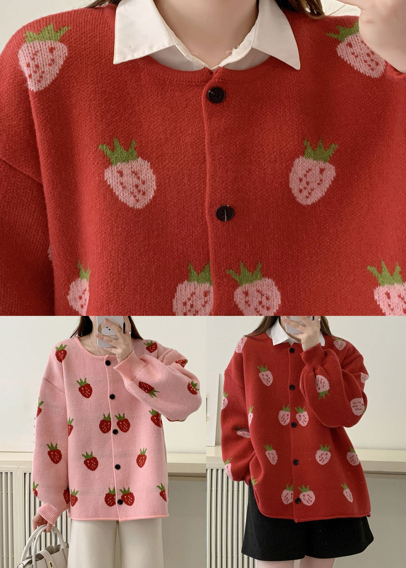 Pink Strawberry Cotton Knit Sweaters Coats Fall