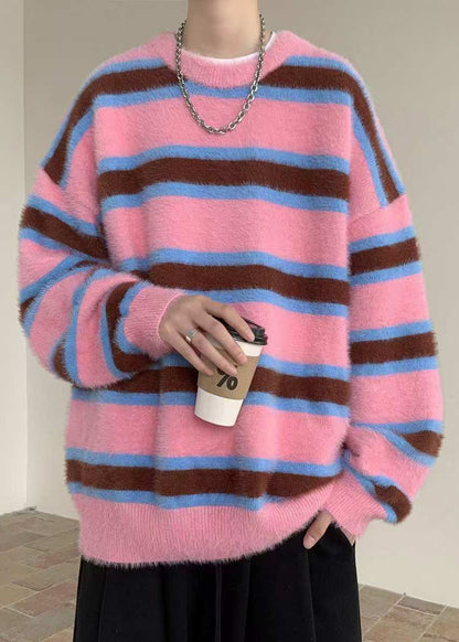 Pink Striped Cozy Ma Hai Mao Sweaters Winter