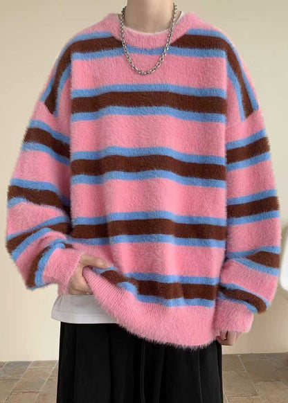 Pink Striped Cozy Ma Hai Mao Sweaters Winter