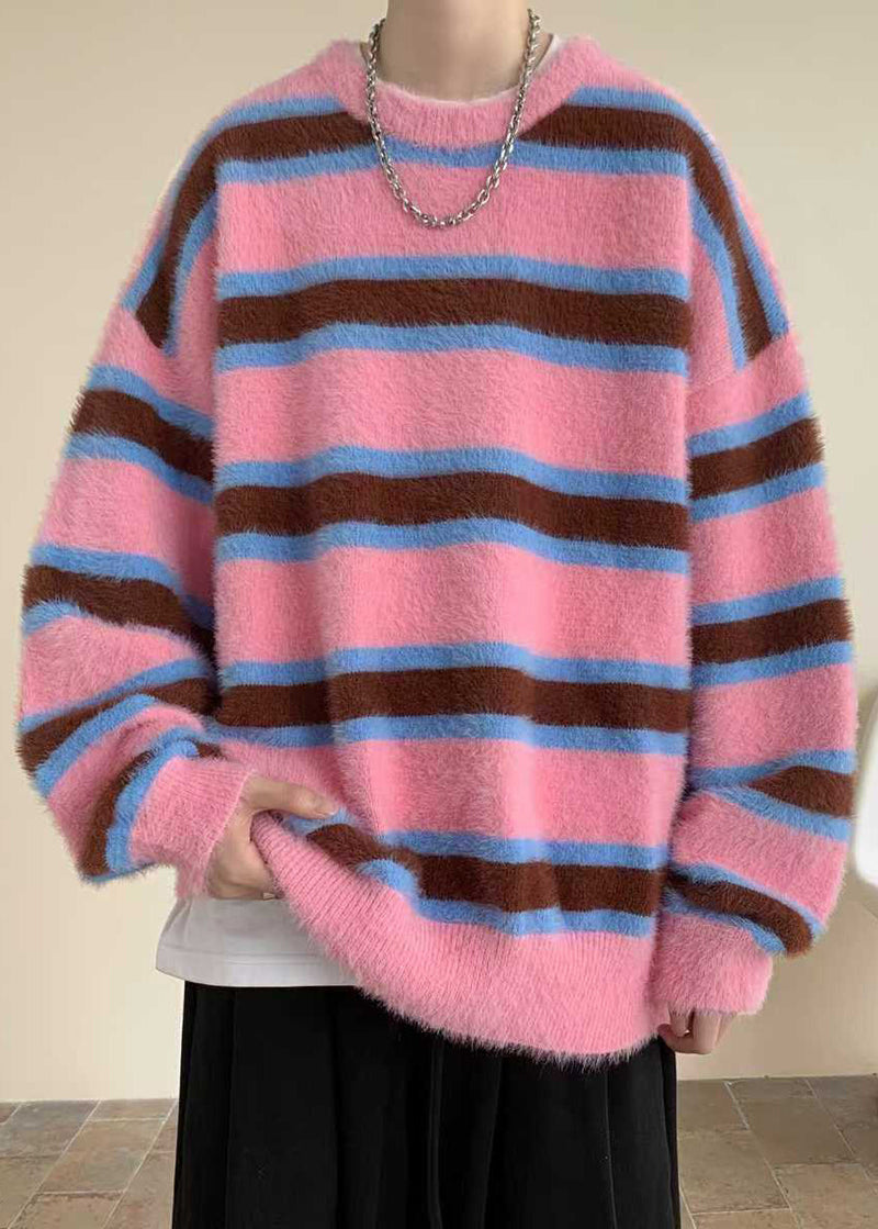 Pink Striped Cozy Ma Hai Mao Sweaters Winter