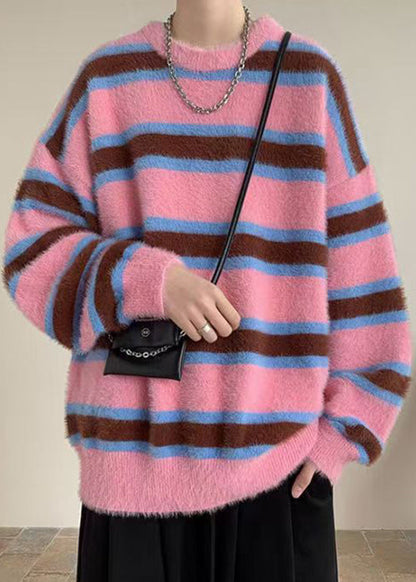 Pink Striped Cozy Ma Hai Mao Sweaters Winter