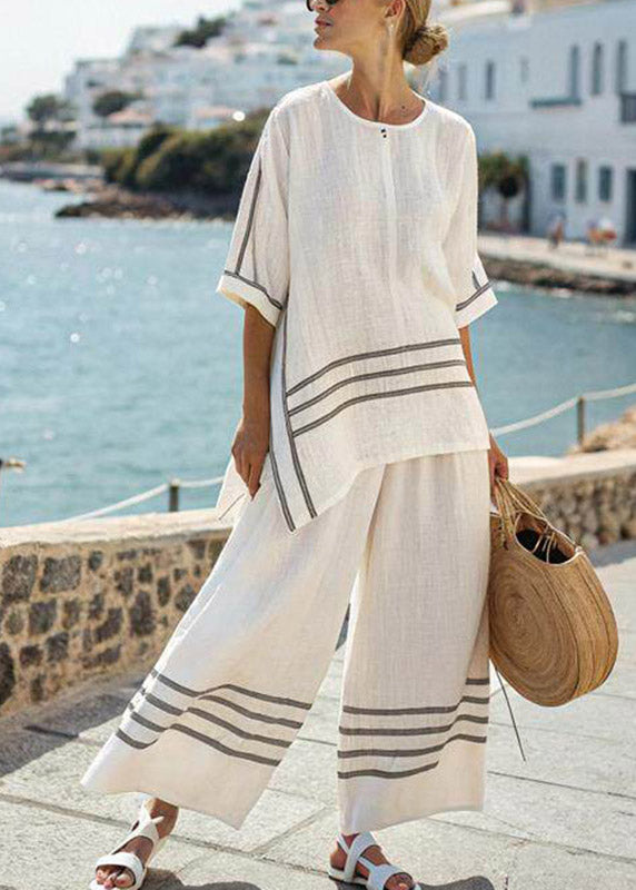 Pink Striped O-neck Side Open T Shirts and Wide Leg Pants Two Pieces Set Summer