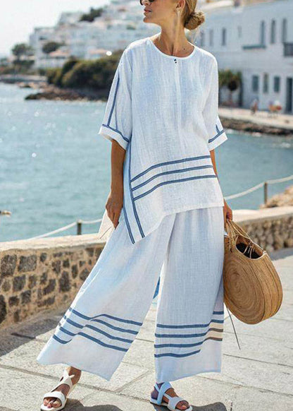 Pink Striped O-neck Side Open T Shirts and Wide Leg Pants Two Pieces Set Summer
