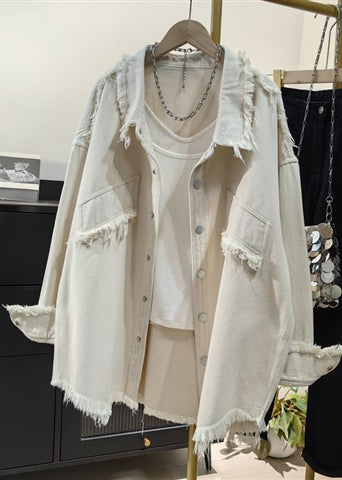 Pink Tasseled Oversized Denim Shirts Coat Spring