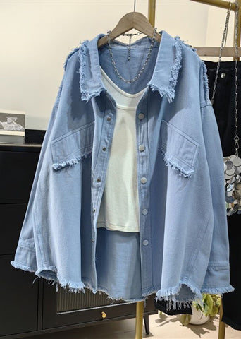 Pink Tasseled Oversized Denim Shirts Coat Spring