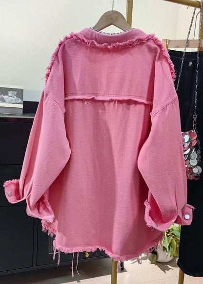 Pink Tasseled Oversized Denim Shirts Coat Spring