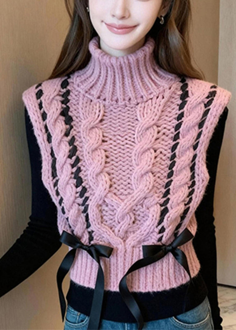 Pink Turtle Neck Bow Warm Knit Vest Winter