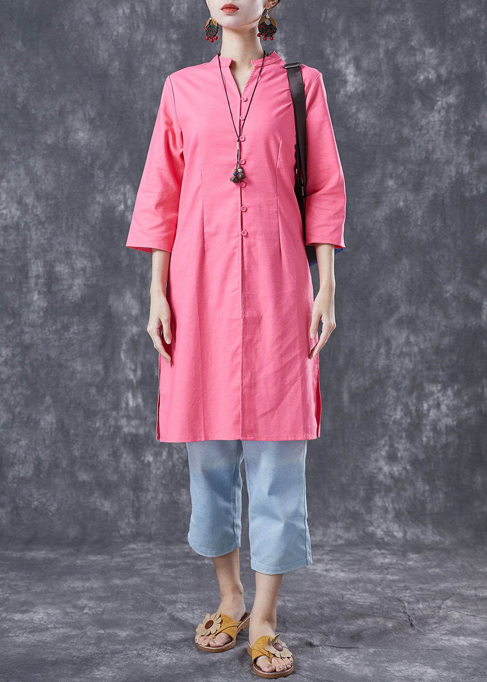 Pink V Neck Button Cotton Shirt Dresses Bracelet Sleeve