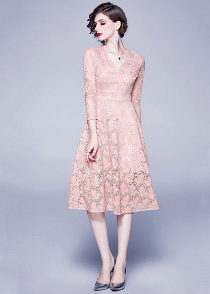 Pink V Neck Exra Large Hem Lace Dresses Bracelet Sleeve