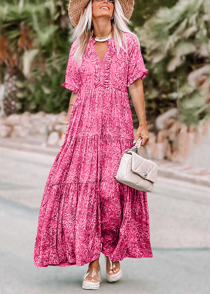 Pink V Neck Print Long Dresses Summer