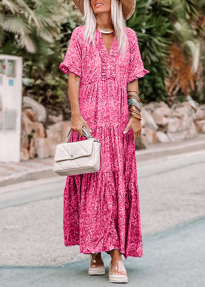 Pink V Neck Print Long Dresses Summer