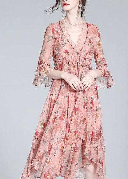 Pink V Neck Print Tie Waist Silk Long Dresses Spring