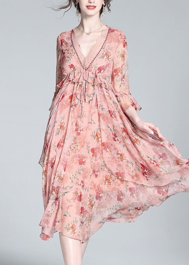 Pink V Neck Print Tie Waist Silk Long Dresses Spring