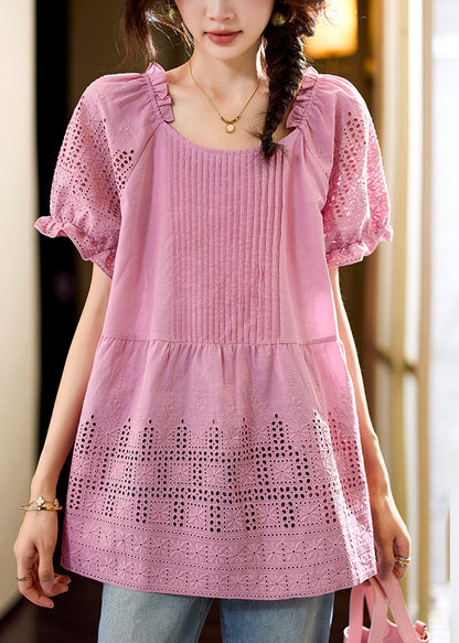 Pink Wrinkled Hollow Out T Shirt Summer