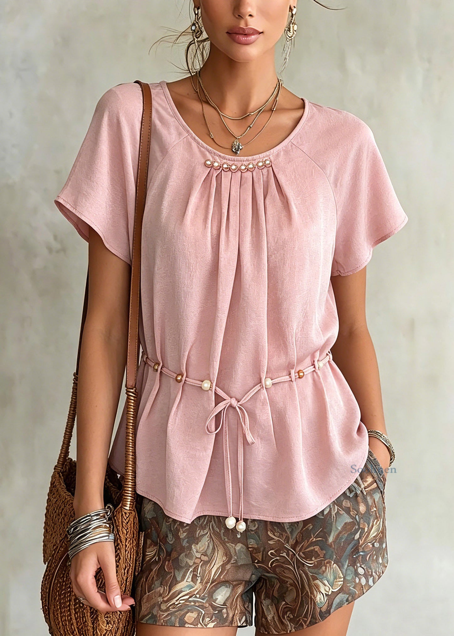 Pink Wrinkled Tie Waist Chiffon Shirts Summer