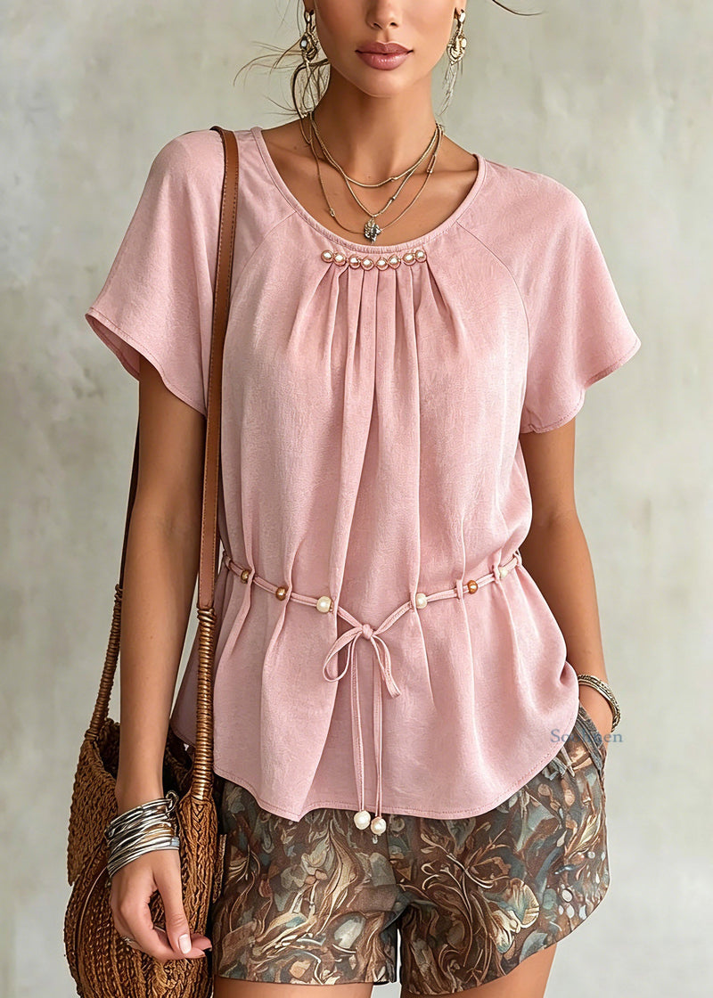 Pink Wrinkled Tie Waist Chiffon Shirts Summer