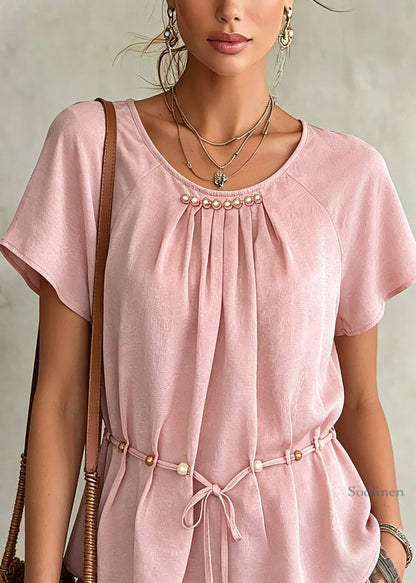 Pink Wrinkled Tie Waist Chiffon Shirts Summer