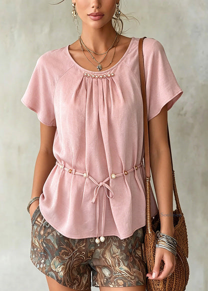 Pink Wrinkled Tie Waist Chiffon Shirts Summer