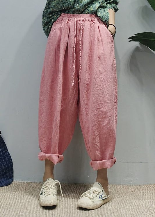 Pink Elastic Waist Drawstring Pockets Linen Harem Pants Spring