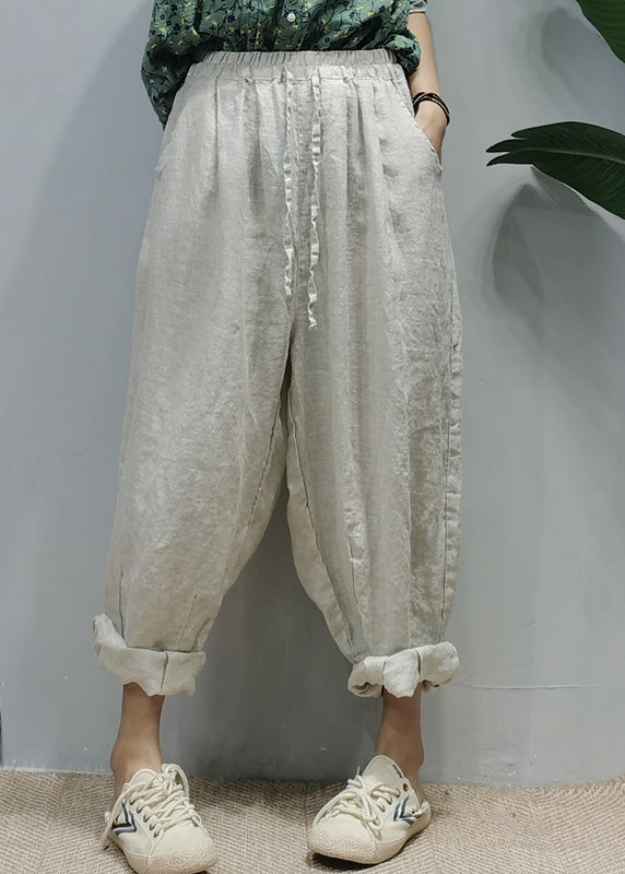 Pink Elastic Waist Drawstring Pockets Linen Harem Pants Spring