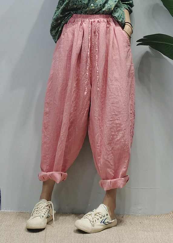 Pink Elastic Waist Drawstring Pockets Linen Harem Pants Spring