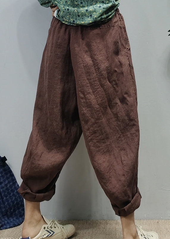 Pink Elastic Waist Drawstring Pockets Linen Harem Pants Spring