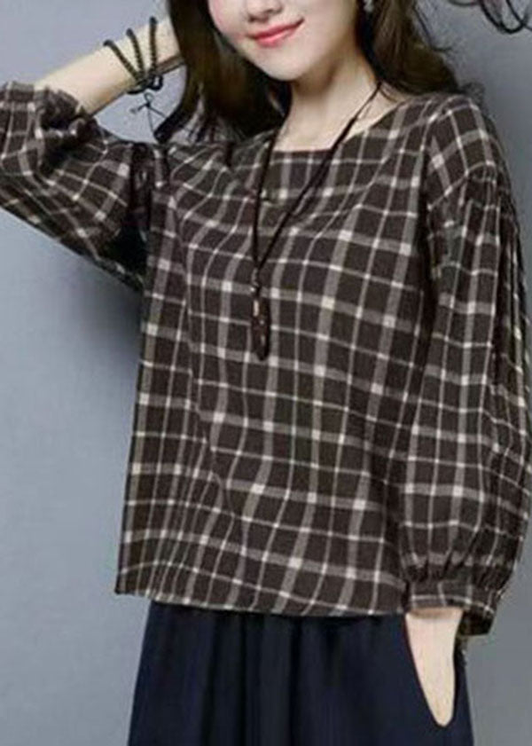 Plaid O Neck Patchwork Cotton T Shirts Tops Long Sleeve