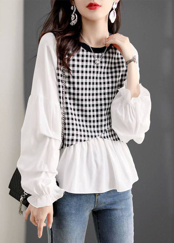 Plaid Patchwork Lantern Sleeve Top Spring