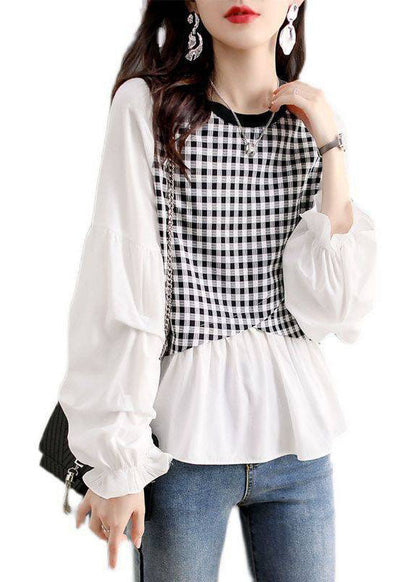 Casual Plaid Patchwork lantern sleeve Top Spring