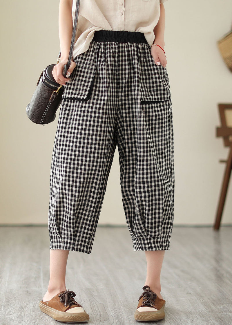 Plaid Pockets Elastic Waist Patchwork Cotton Crop Pants Summer