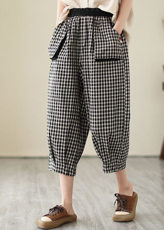 Plaid Pockets Elastic Waist Patchwork Cotton Crop Pants Summer