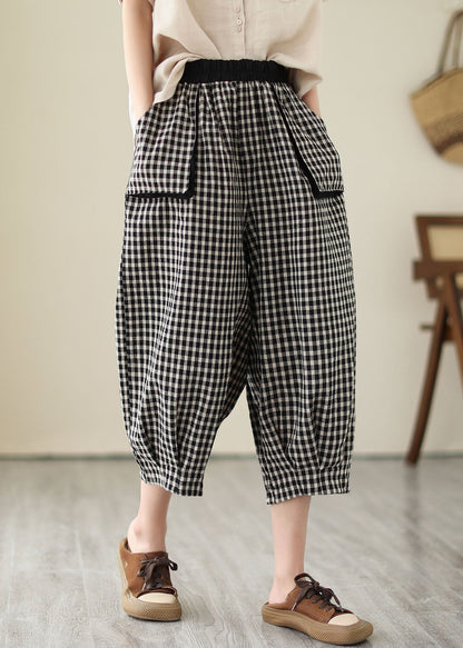 Plaid Pockets Elastic Waist Patchwork Cotton Crop Pants Summer