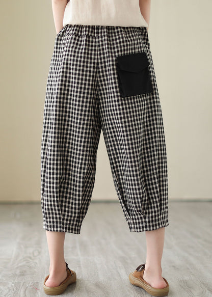 Plaid Pockets Elastic Waist Patchwork Cotton Crop Pants Summer