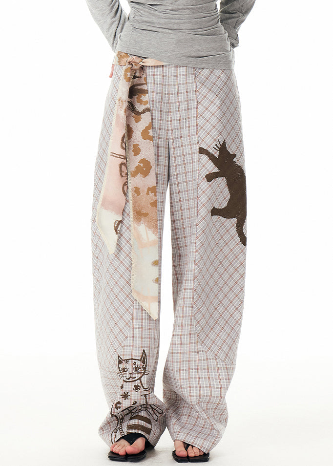 Plaid Print High Waist Pockets Wide Leg Pants Fall