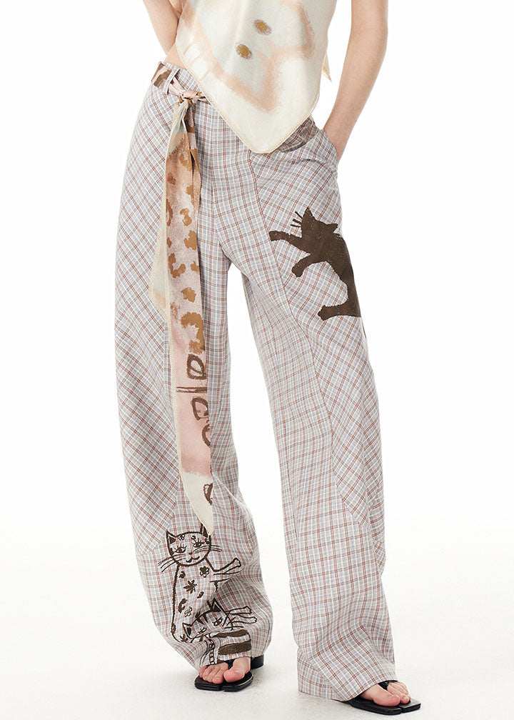 Plaid Print High Waist Pockets Wide Leg Pants Fall