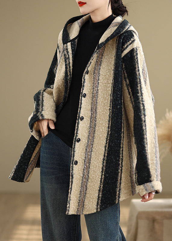 Striped Woolen Hoodie Coat Spring