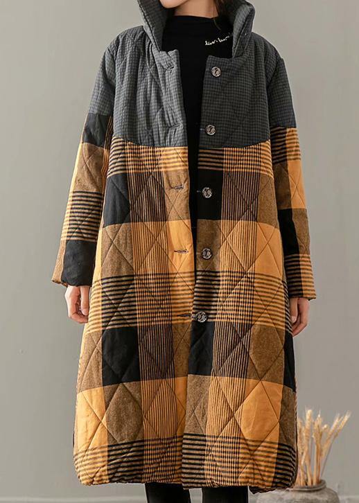 Winter Overcoat Yellow Plaid Stand Collar Button Down Coats