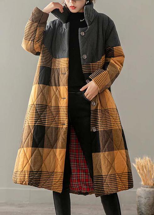 Winter Overcoat Yellow Plaid Stand Collar Button Down Coats