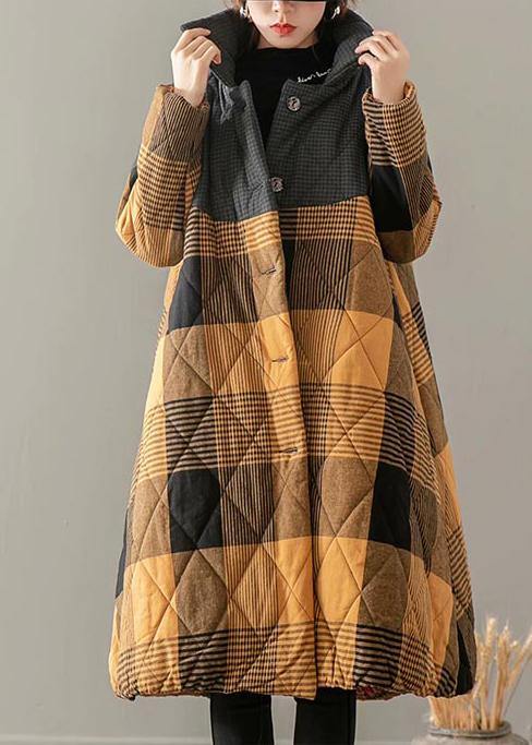 Winter Overcoat Yellow Plaid Stand Collar Button Down Coats