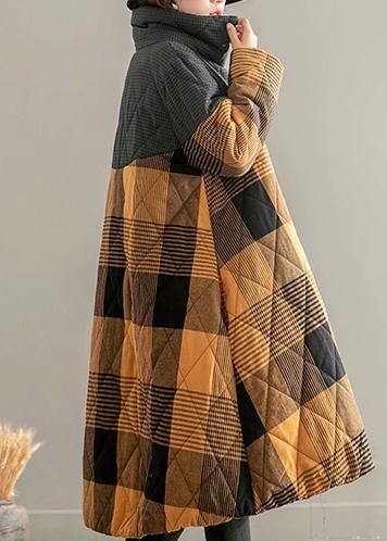 Winter Overcoat Yellow Plaid Stand Collar Button Down Coats