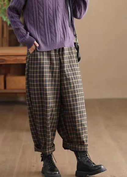 Pockets Plaid Elastic Waist Trousers Spring
