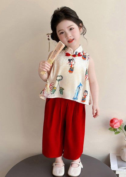 Print Button Vest and Crop Pants Two Piece Set Summer