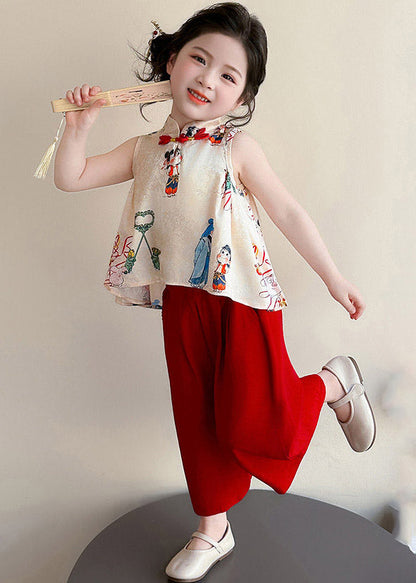 Print Button Vest and Crop Pants Two Piece Set Summer