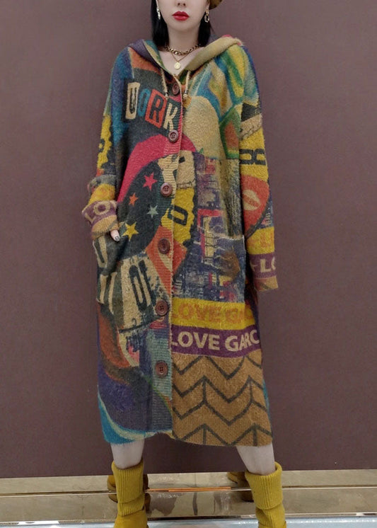 Print Button Maxi Knitted Cotton Thread Hooded Sweater Coat Fall