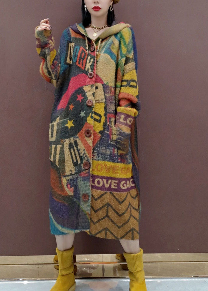 Print Button Maxi Knitted Cotton Thread Hooded Sweater Coat Fall