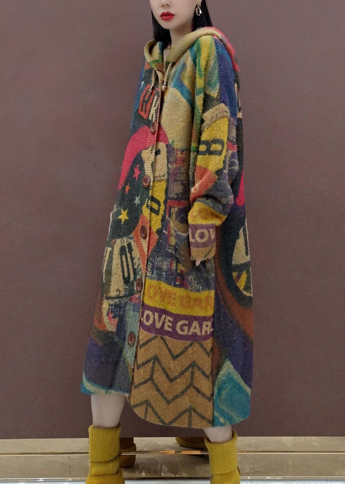 Print Button Maxi Knitted Cotton Thread Hooded Sweater Coat Fall