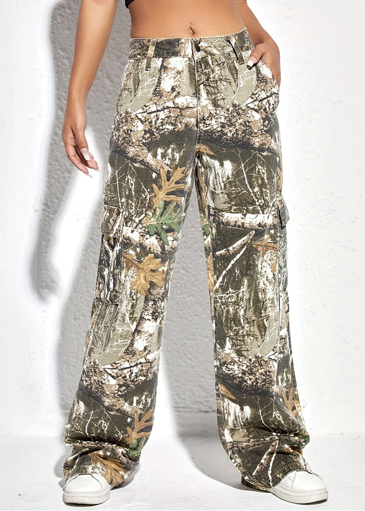Print Pockets High Waist Cotton Pants Spring