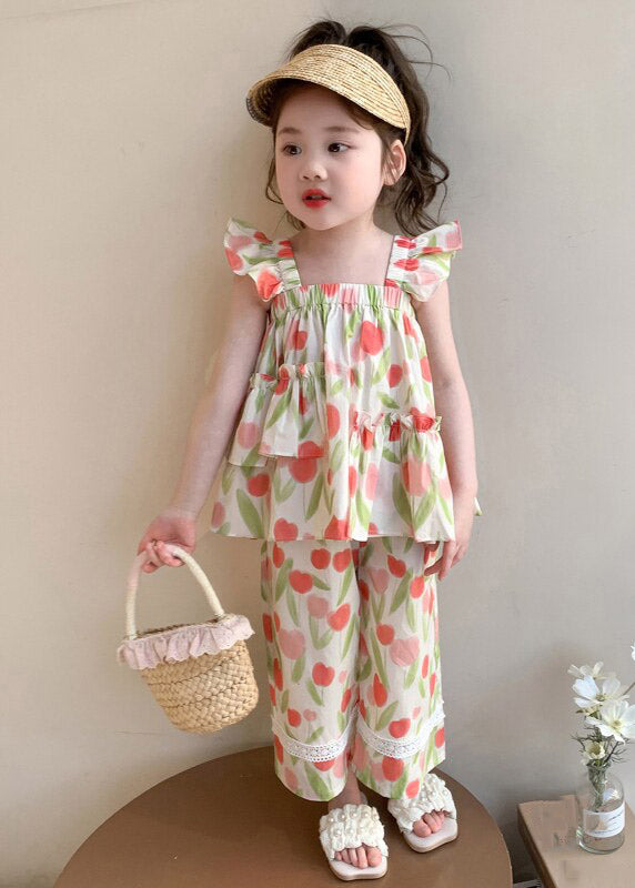 Print Ruffled Vest and Straight Pants Two Pieces Set Sleeveless