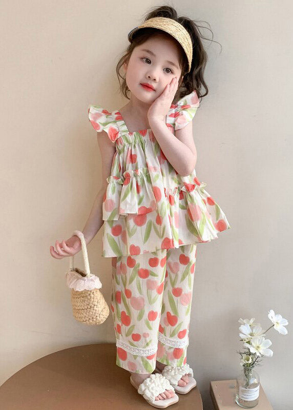 Print Ruffled Vest and Straight Pants Two Pieces Set Sleeveless